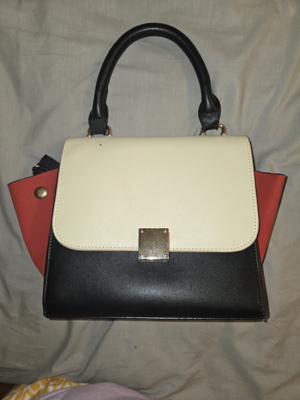 Classic Tricolor Top-Handle Satchel - Black, Cream & Red